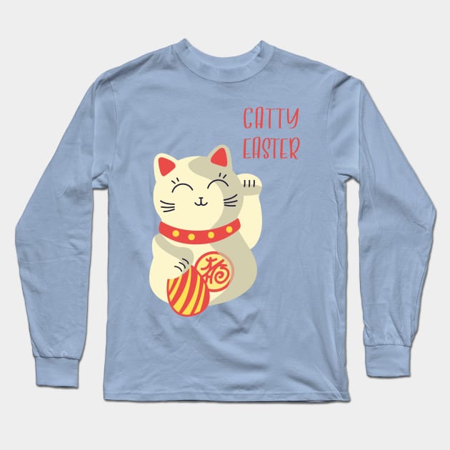 Catty Easter T-Shirt - Funny Chinese Cat with Easter Egg Long Sleeve T-Shirt by Teequeque